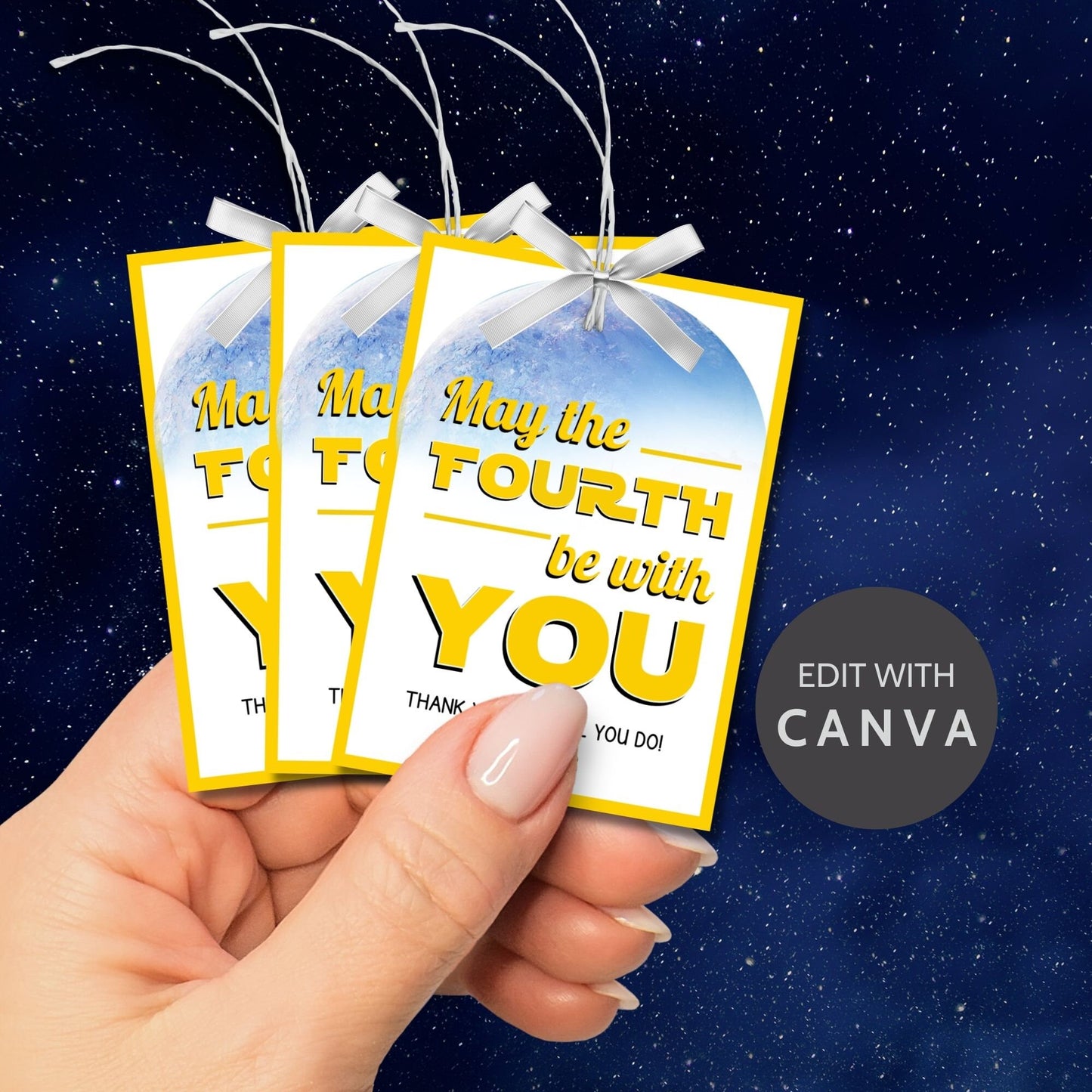 May the Fourth Be with You themed gift tags featuring an Earth-like planet background with space elements. Ideal for showing appreciation on Star Wars Day.