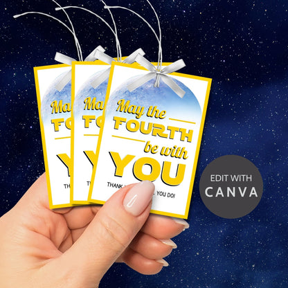 May the Fourth Be with You themed gift tags featuring an Earth-like planet background with space elements. Ideal for showing appreciation on Star Wars Day.