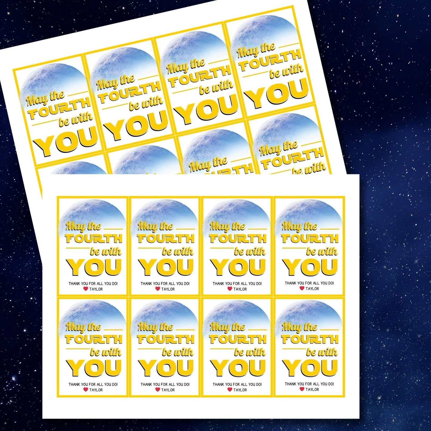 May the Fourth Be with You themed gift tags featuring an Earth-like planet background with space elements. Ideal for showing appreciation on Star Wars Day.