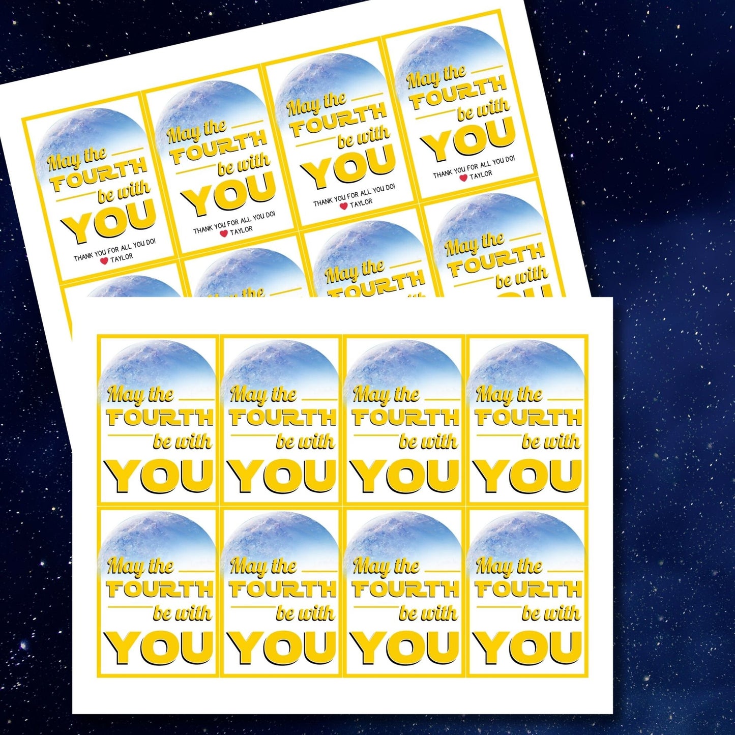 May the Fourth Be with You themed gift tags featuring an Earth-like planet background with space elements. Ideal for showing appreciation on Star Wars Day.