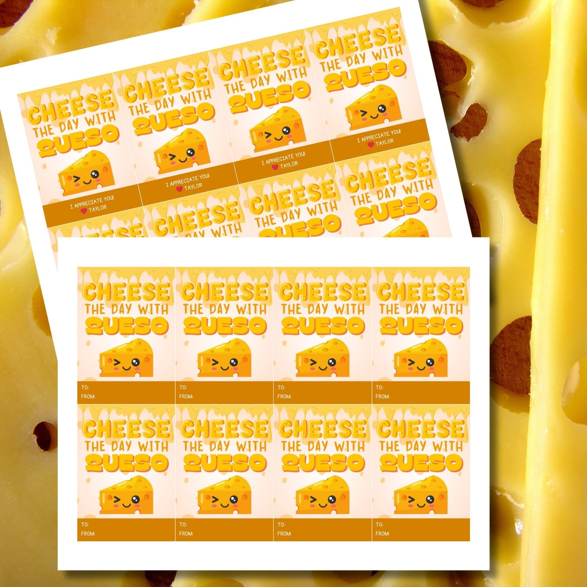 Fun Cheese the Day with Queso gift tags featuring a smiling cheese block character, dripping with melty queso, ready-to-print and editable via a Canva link, ideal for Cinco de Mayo or any festive appreciation event.