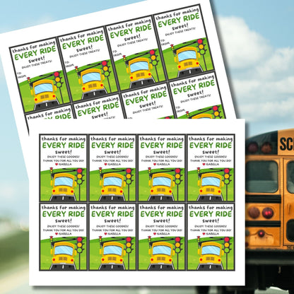 Printable bus driver appreciation tags featuring a school bus, traffic lights, road and the words Thanks for making every ride sweet. Space for a personal note included.