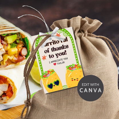 Colorful Burrito-ful of Thanks to You! gift tags featuring cute burrito characters with sunglasses, surrounded by a festive green border, ready-to-print and editable via Canva link, perfect for any appreciation event or Cinco de Mayo.