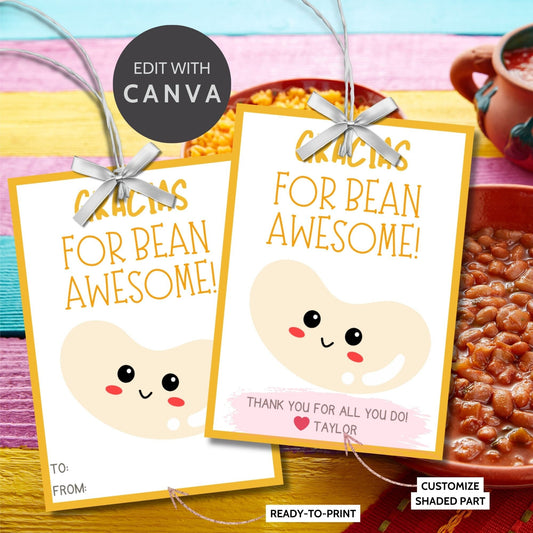 Adorable Gracias for Bean Awesome! gift tags featuring a cute smiling bean character, set against a yellow background, ready-to-print and editable via Canva link, perfect for showing appreciation during Cinco de Mayo or any occasion.