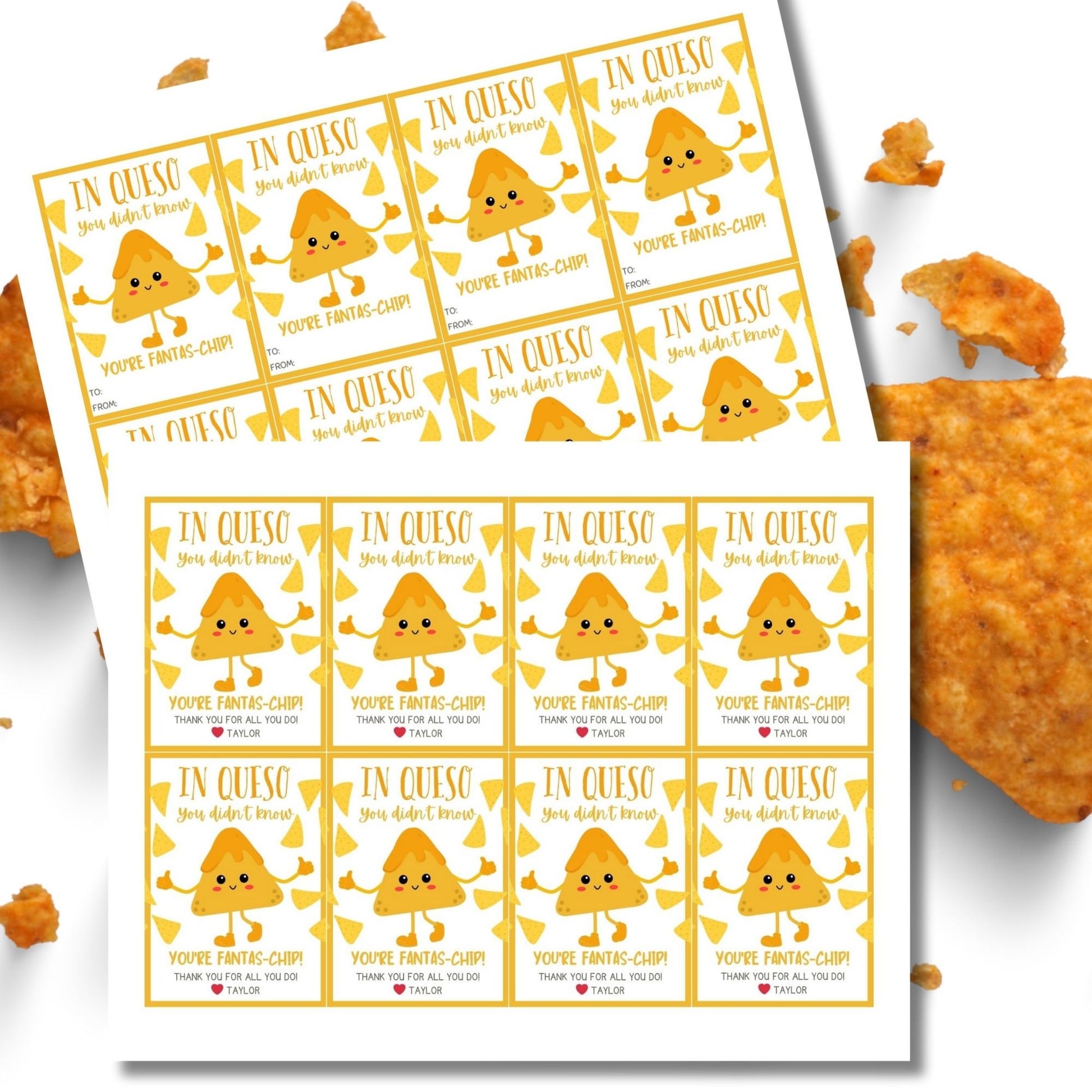 Printable In Queso You Didnt Know cheese-shaped character gift tags with editable name feature, surrounded by chips. Ready for personalization.