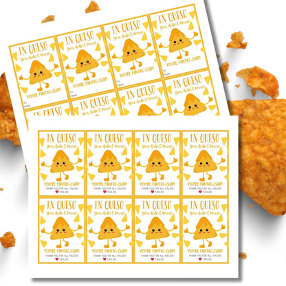 Printable In Queso You Didnt Know cheese-shaped character gift tags with editable name feature, surrounded by chips. Ready for personalization.