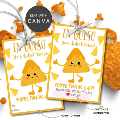 Printable In Queso You Didnt Know cheese-shaped character gift tags with editable name feature, surrounded by chips. Ready for personalization.