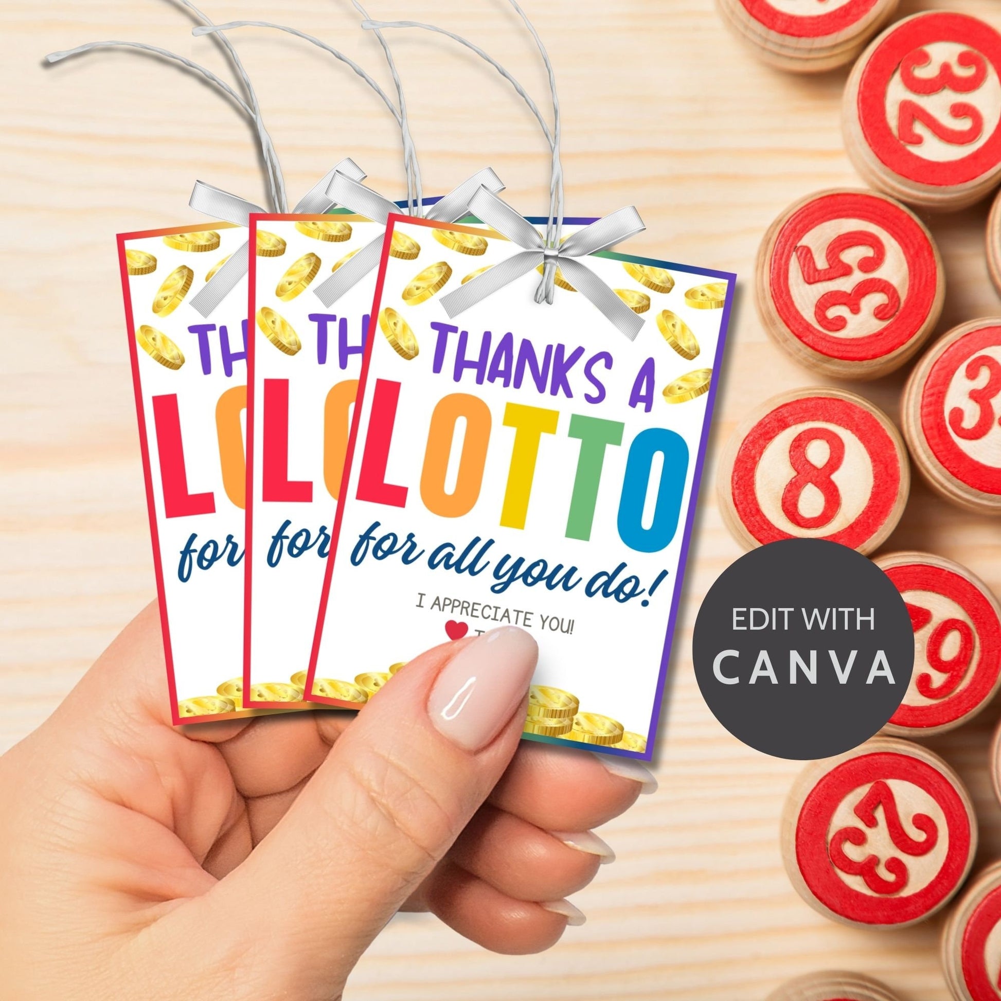 Colorful Thanks a Lotto for all you do! gift tags with coin illustrations, customizable name slot, perfect for showing gratitude.