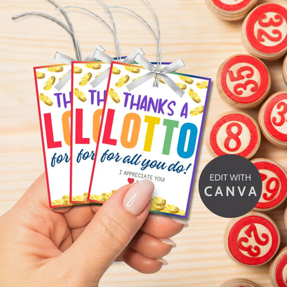 Colorful Thanks a Lotto for all you do! gift tags with coin illustrations, customizable name slot, perfect for showing gratitude.