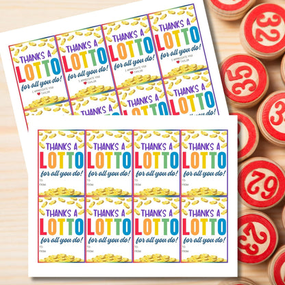 Colorful Thanks a Lotto for all you do! gift tags with coin illustrations, customizable name slot, perfect for showing gratitude.