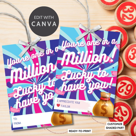 Vibrant You&#39;re One in a Million Lucky to Have You lotto-themed gift tags with editable name field, in striking pink and blue hues.