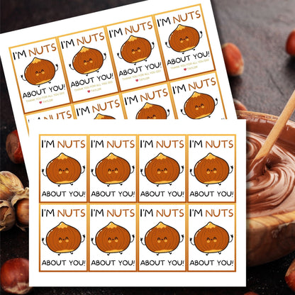 Im Nuts About You! appreciation gift tags featuring a cute cartoon hazelnut with arms, eyes, and a smile, bordered by an orange frame on a white background, ready for personalization.