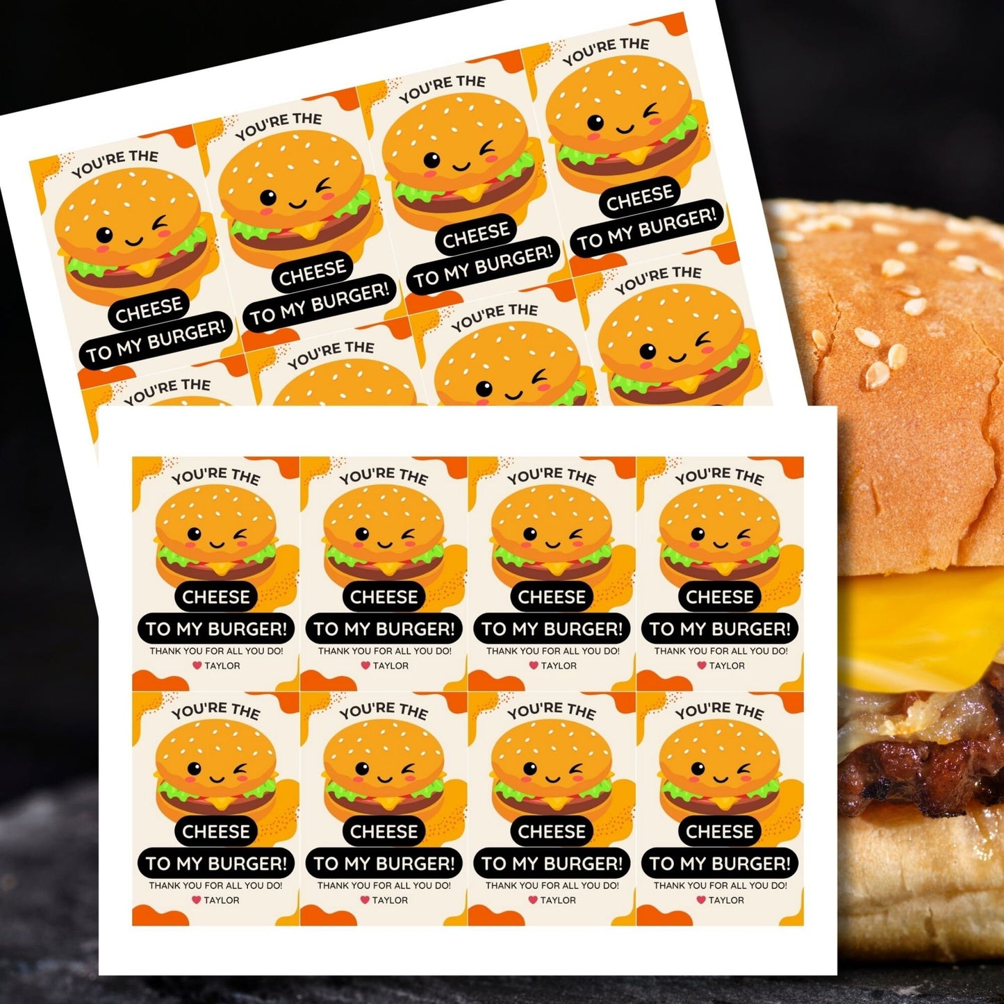 Colorful gift tags with a cute burger cartoon and text saying Youre the Cheese to My Burger! Thank you for all you do! Ideal for appreciating someone special.