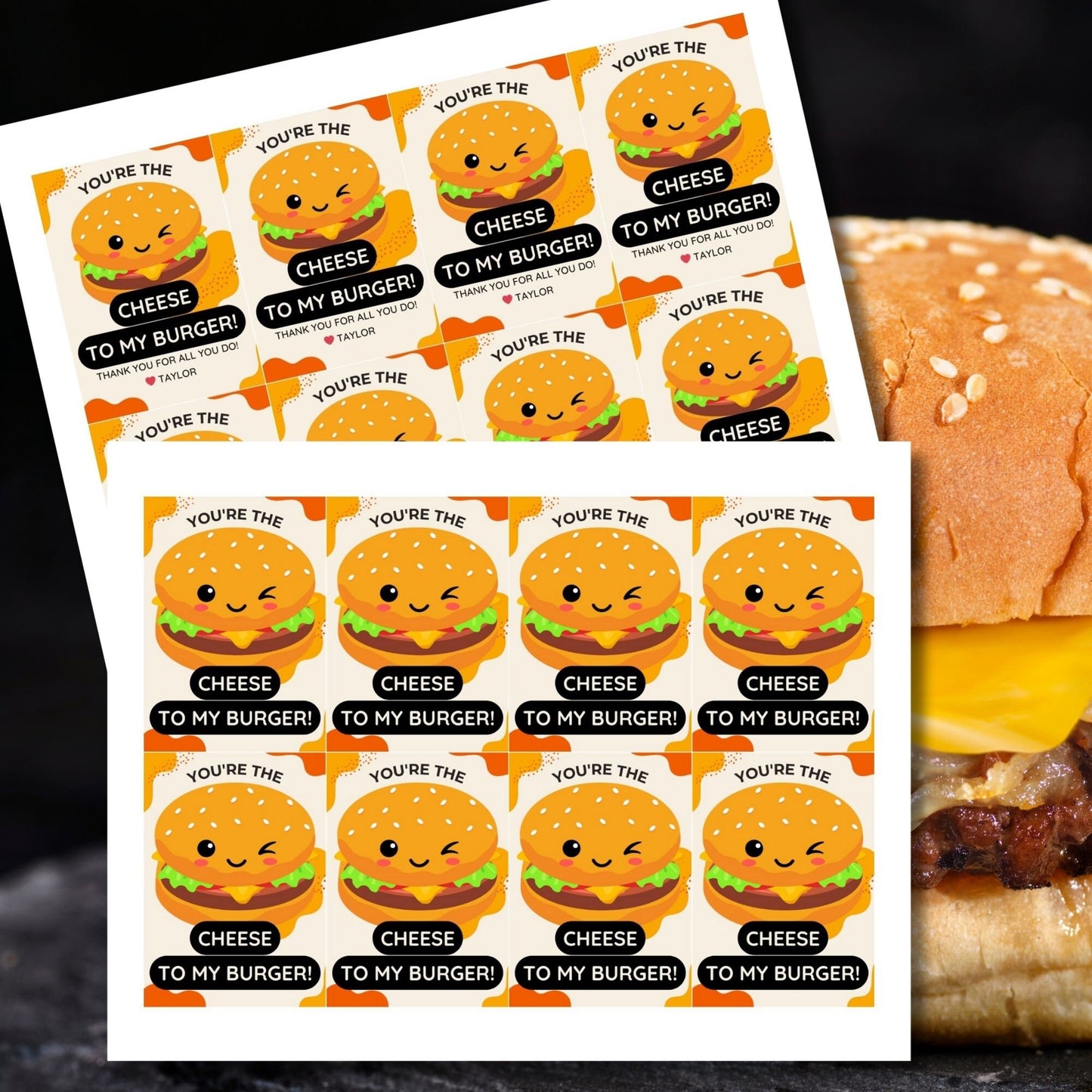 Colorful gift tags with a cute burger cartoon and text saying Youre the Cheese to My Burger! Thank you for all you do! Ideal for appreciating someone special.