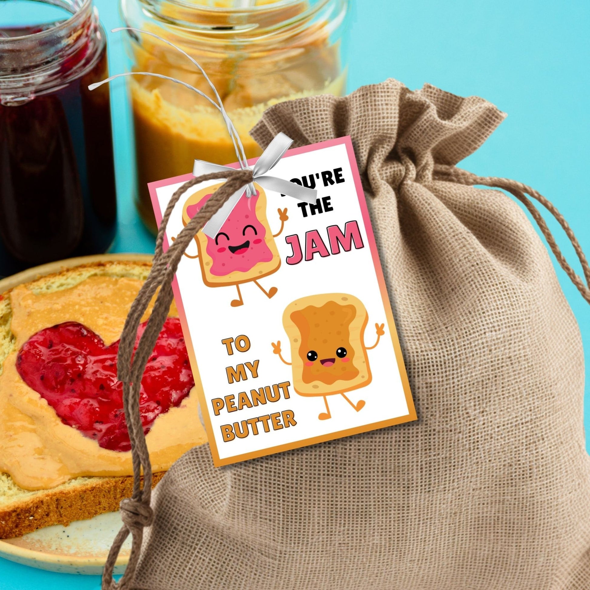 Vibrant appreciation gift tags featuring a happy jam and peanut butter cartoon, with text Youre the Jam to My Peanut Butter! Thank you for all you do! Ideal for personalizing gratitude.