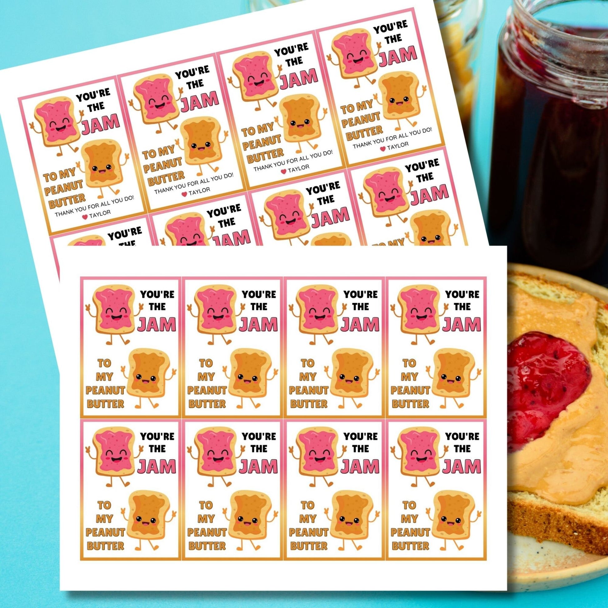 Vibrant appreciation gift tags featuring a happy jam and peanut butter cartoon, with text Youre the Jam to My Peanut Butter! Thank you for all you do! Ideal for personalizing gratitude.