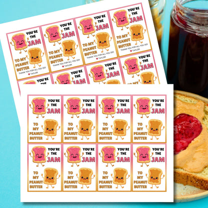 Vibrant appreciation gift tags featuring a happy jam and peanut butter cartoon, with text Youre the Jam to My Peanut Butter! Thank you for all you do! Ideal for personalizing gratitude.