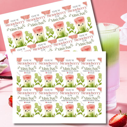 Appreciation gift tags featuring a cute matcha and strawberry drink illustration with the text Youre the Strawberry to My Matcha! Thank you for all you do! Perfect for showing gratitude.