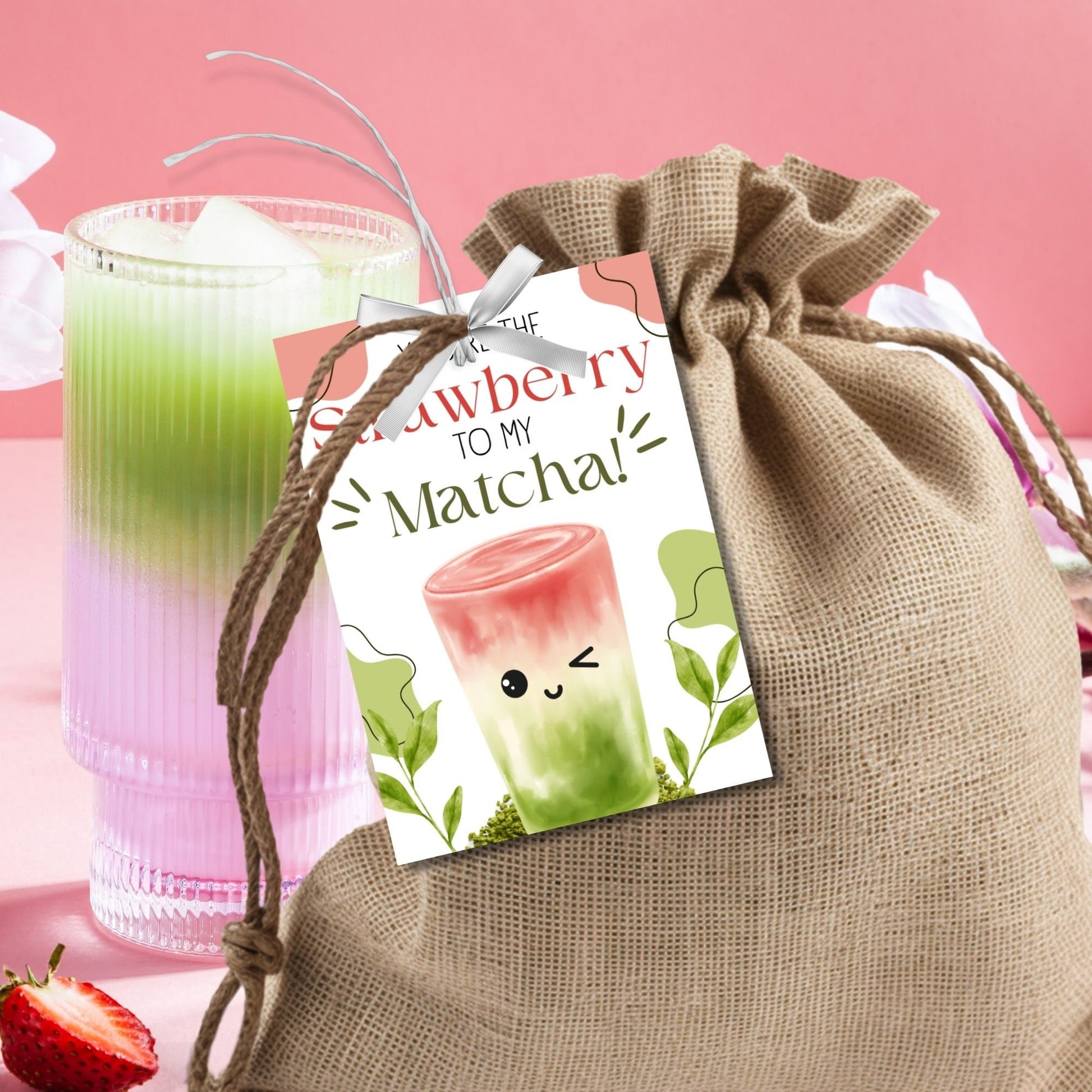 Appreciation gift tags featuring a cute matcha and strawberry drink illustration with the text Youre the Strawberry to My Matcha! Thank you for all you do! Perfect for showing gratitude.