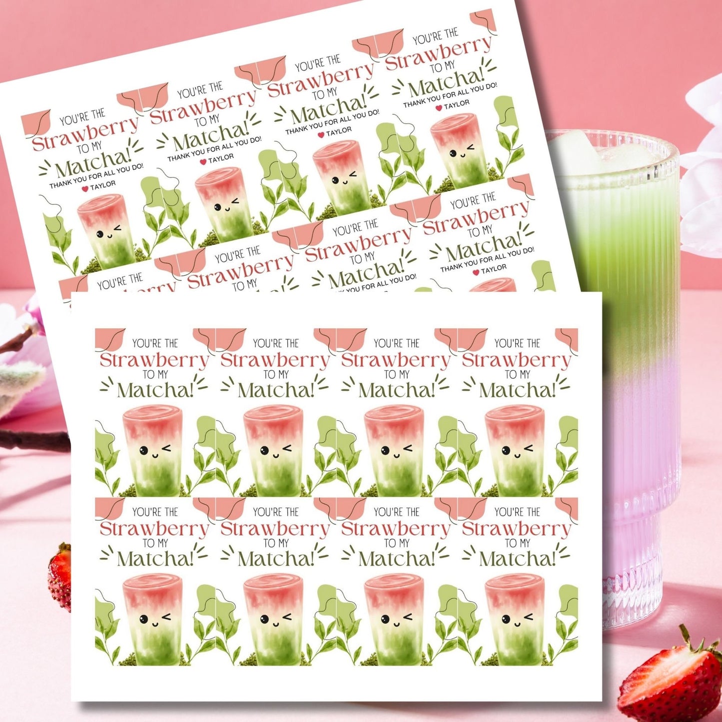 Appreciation gift tags featuring a cute matcha and strawberry drink illustration with the text Youre the Strawberry to My Matcha! Thank you for all you do! Perfect for showing gratitude.