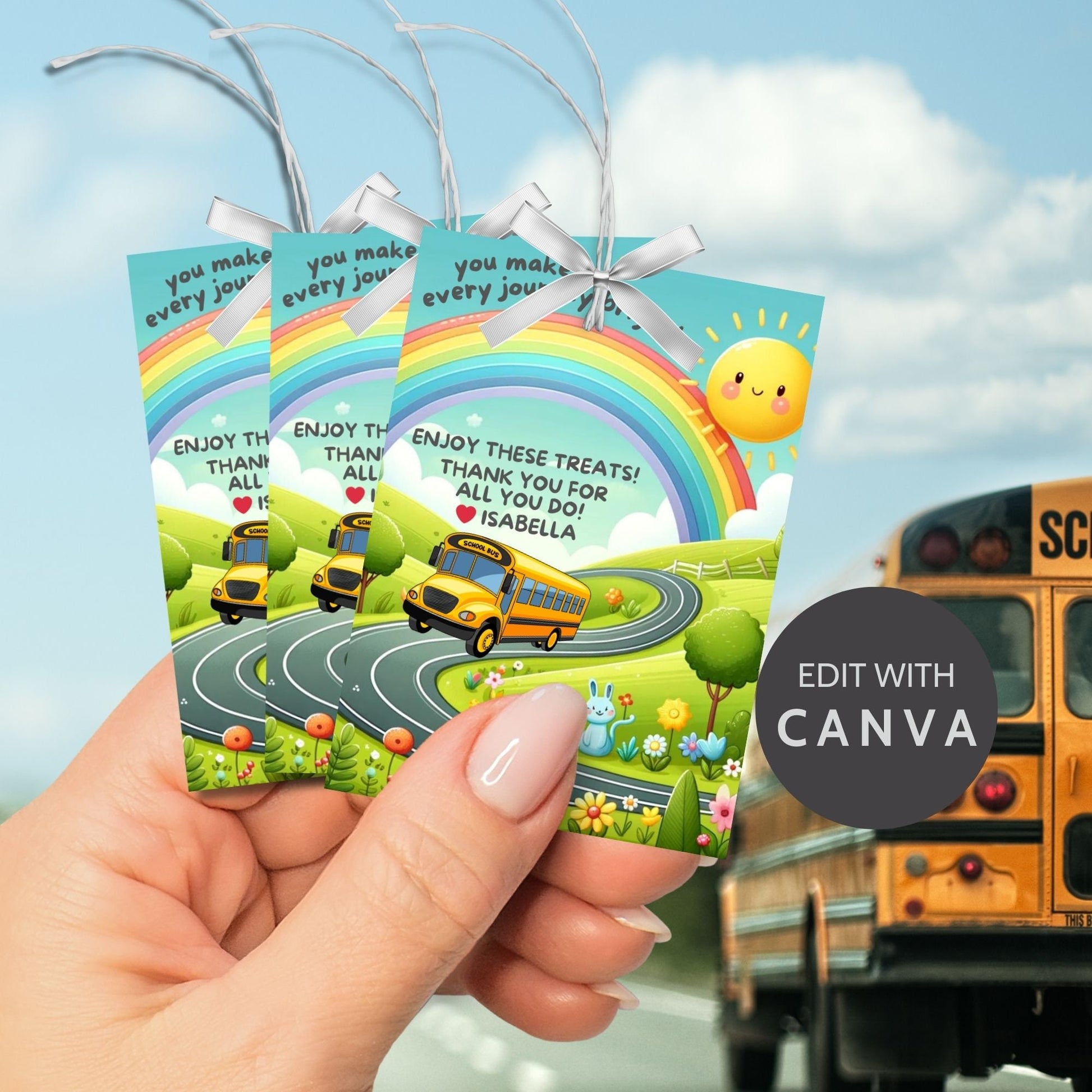 Printable bus driver appreciation tags featuring a schol bus, bright sun, cheerful road scene with flowers and trees, and the words You make every journey bright. Space for a personal note included.