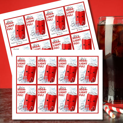 Appreciation gift tags featuring a smiling red soda can surrounded by ice cubes, with the playful text Youre SODA-lightful! Thank you for all you do! Ideal for spreading cheer.