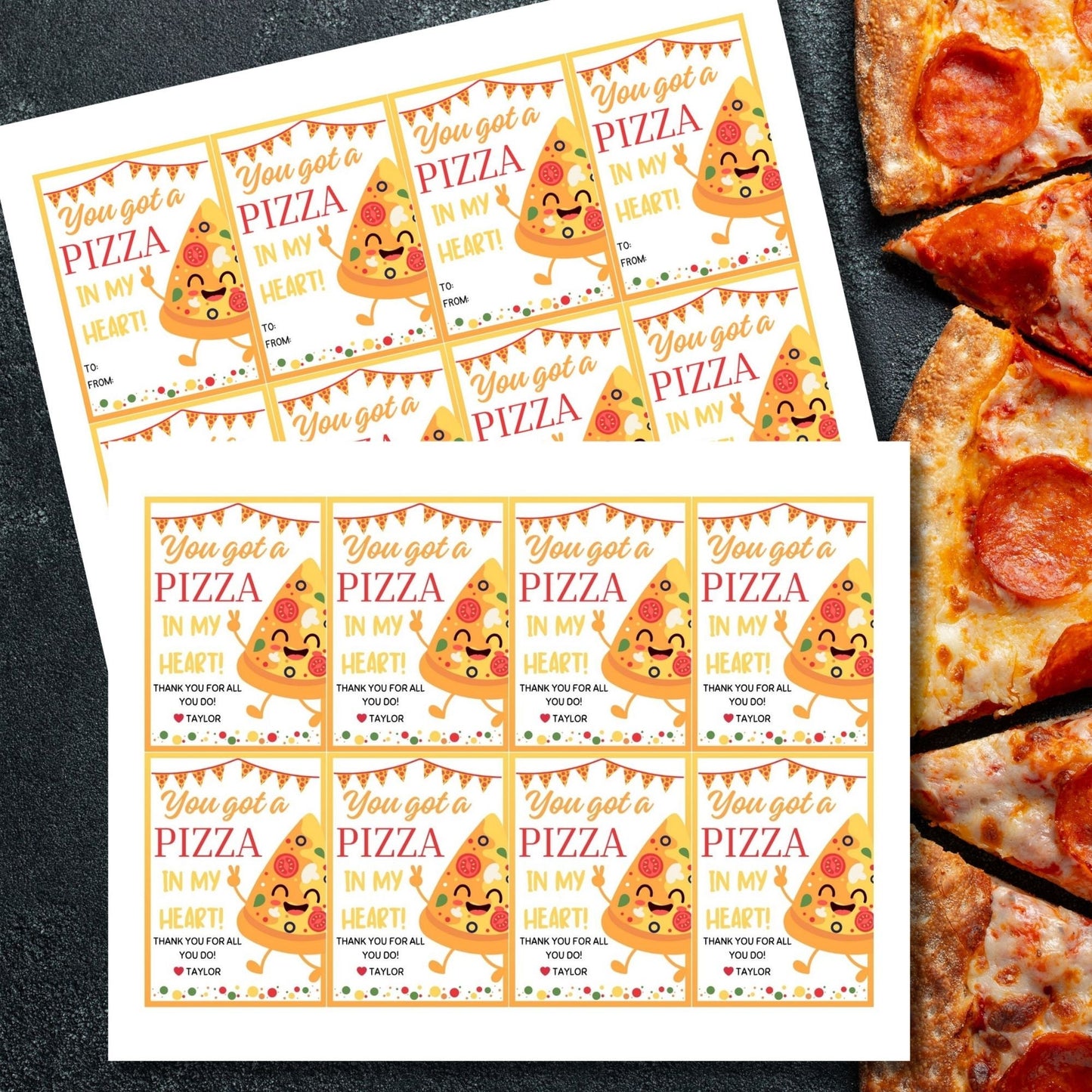 Colorful You got a PIZZA in my heart appreciation gift tags with a smiling pizza slice, hearts, and editable name field.