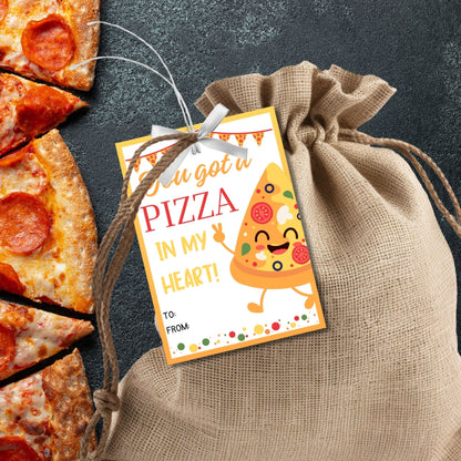 Colorful You got a PIZZA in my heart appreciation gift tags with a smiling pizza slice, hearts, and editable name field.