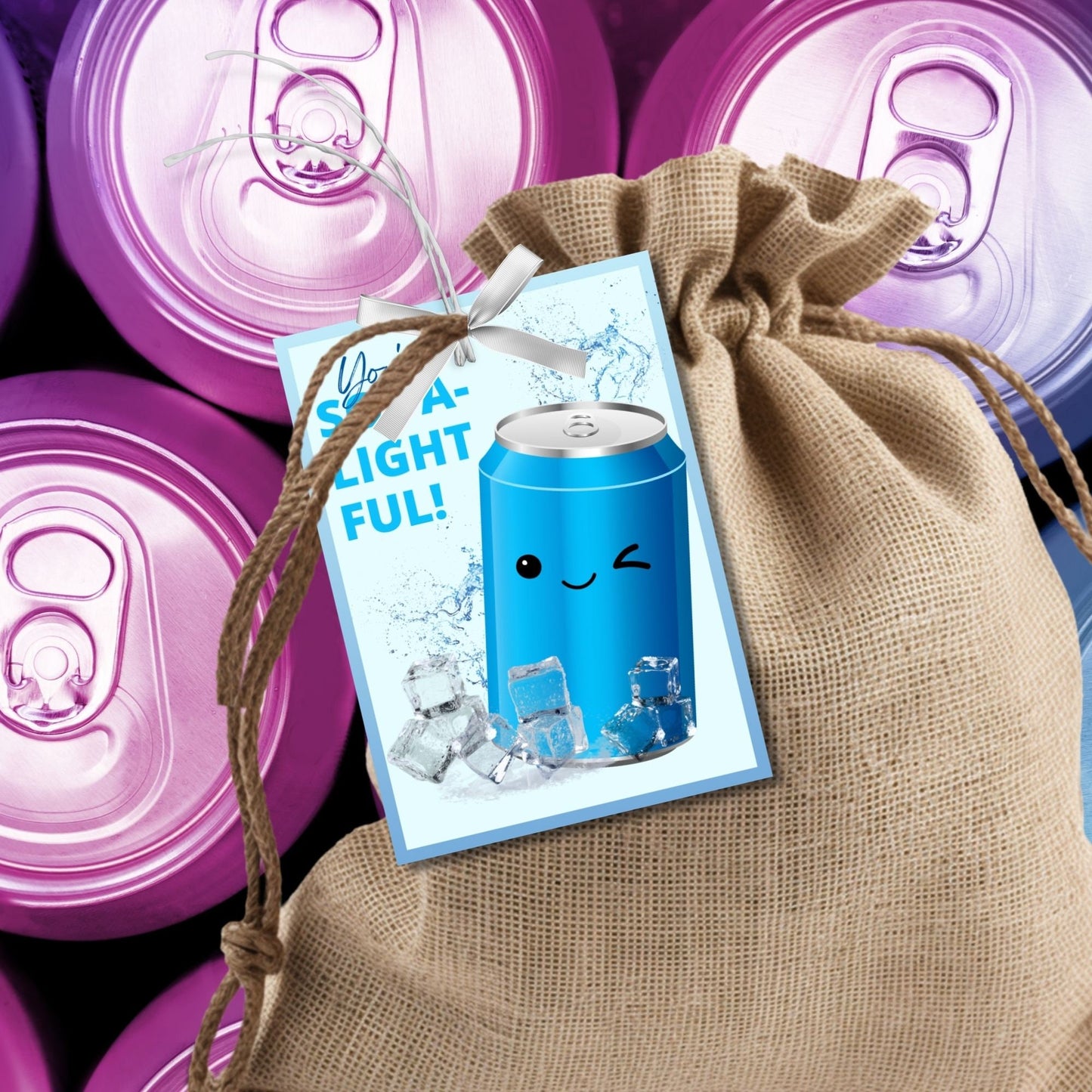 Appreciation gift tags featuring a smiling blue soda can surrounded by ice cubes, with the playful text Youre SODA-lightful! Thank you for all you do! Ideal for spreading cheer.