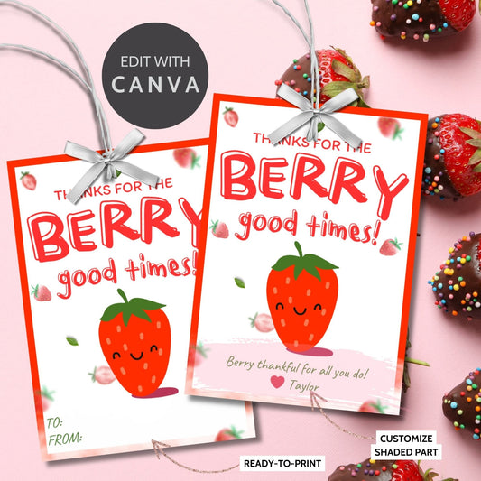 Colorful gift tags with a vibrant strawberry and the playful phrase Thanks for the Berry good times! Berry thankful for all you do! Perfect for adding a personal touch to any appreciation gift.