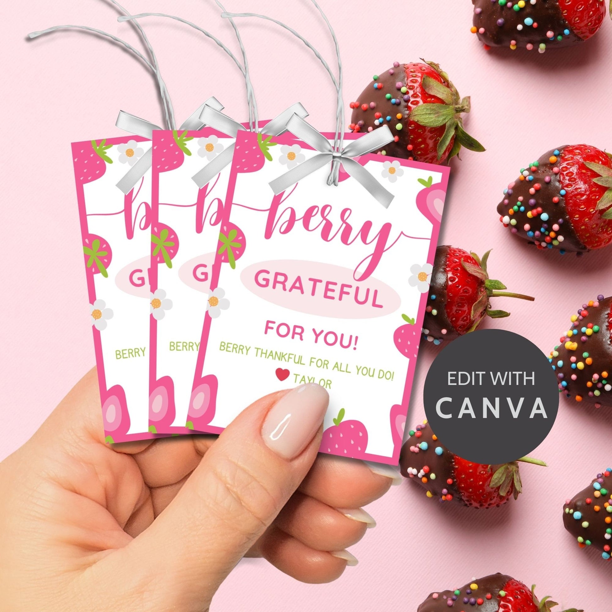 Cheerful pink gift tags adorned with strawberries and the phrase Berry Grateful For You! Berry thankful for all you do! Perfect for adding a heartfelt touch to any gift.