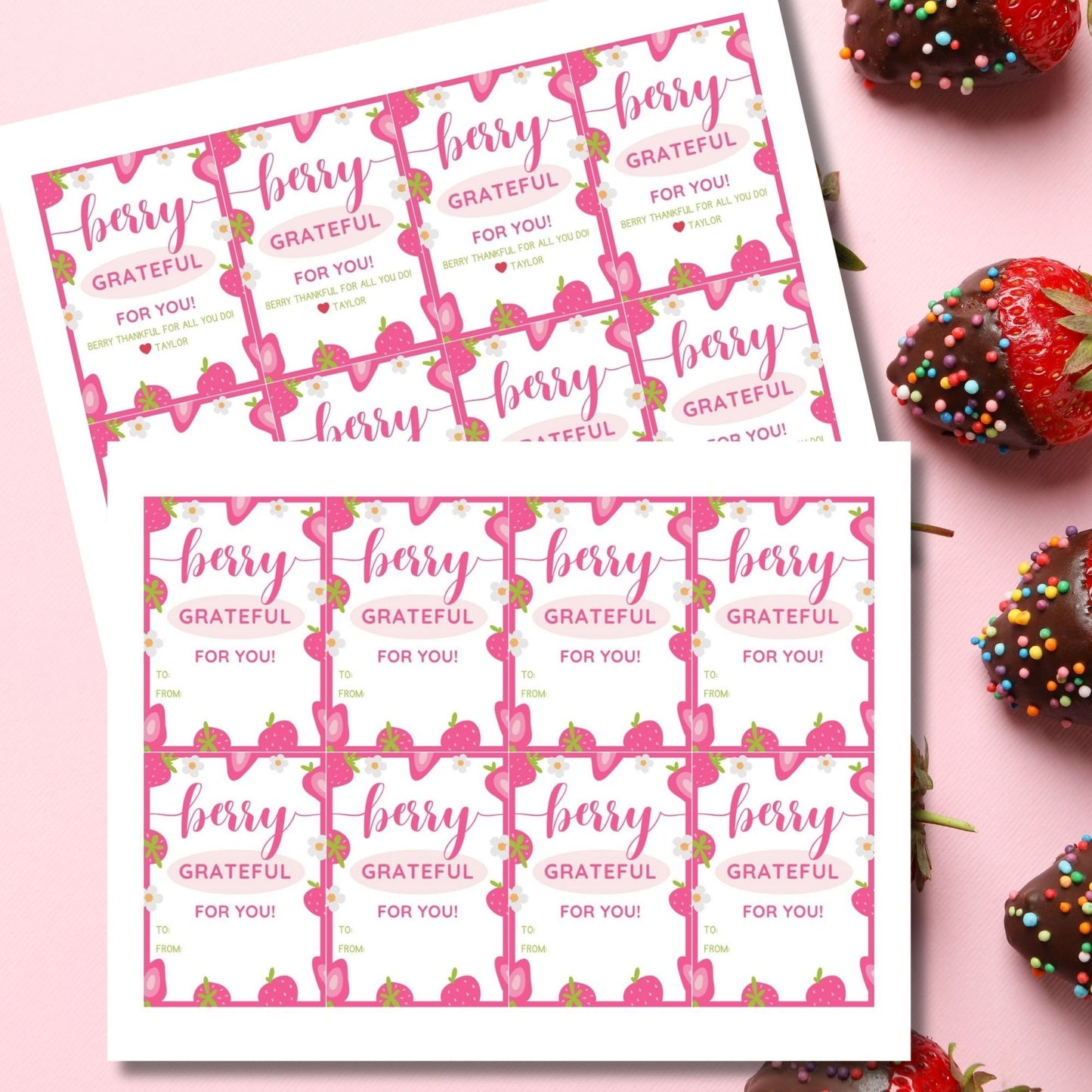 Cheerful pink gift tags adorned with strawberries and the phrase Berry Grateful For You! Berry thankful for all you do! Perfect for adding a heartfelt touch to any gift.