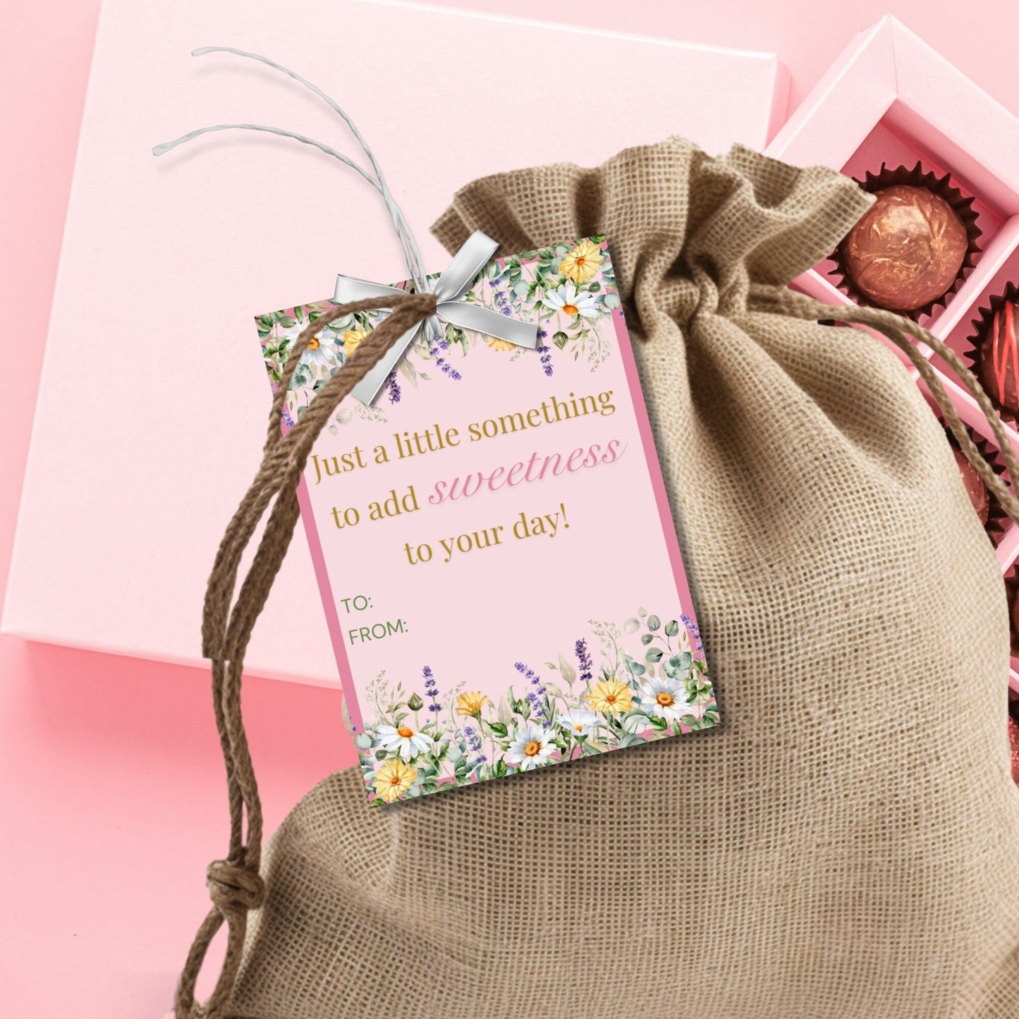 Floral Mothers Day gift tags surrounded by daisies and lavender on a pink background, with text Just a little something to add sweetness to your day! Love you, Mom! Happy Mothers Day!