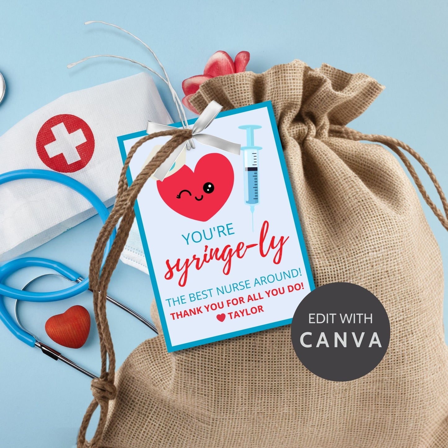 A set of eight cute appreciation gift tags for nurses featuring a winking heart wearing a nurse&#39;s cap and a syringe illustration. You&#39;re syringe-ly the best nurse around!