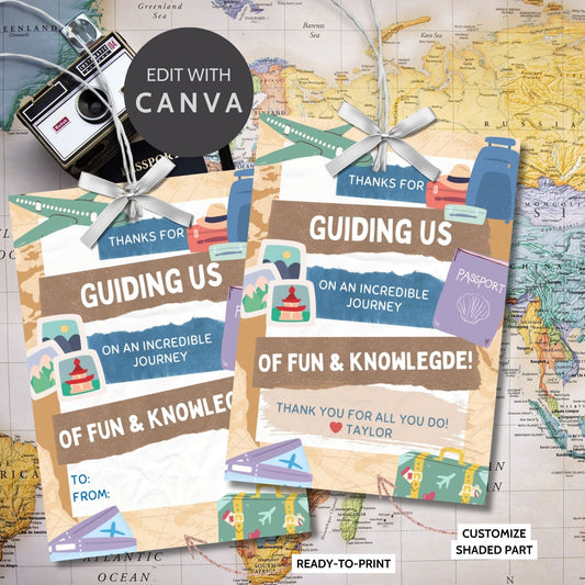 Image featuring THANKS FOR GUIDING US ON AN INCREDIBLE JOURNEY OF FUN & KNOWLEDGE! Tags express gratitude with a travel theme and customizable names. Perfect for appreciation gifts to teachers, staff, and more.