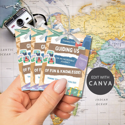 Image featuring THANKS FOR GUIDING US ON AN INCREDIBLE JOURNEY OF FUN & KNOWLEDGE! Tags express gratitude with a travel theme and customizable names. Perfect for appreciation gifts to teachers, staff, and more.