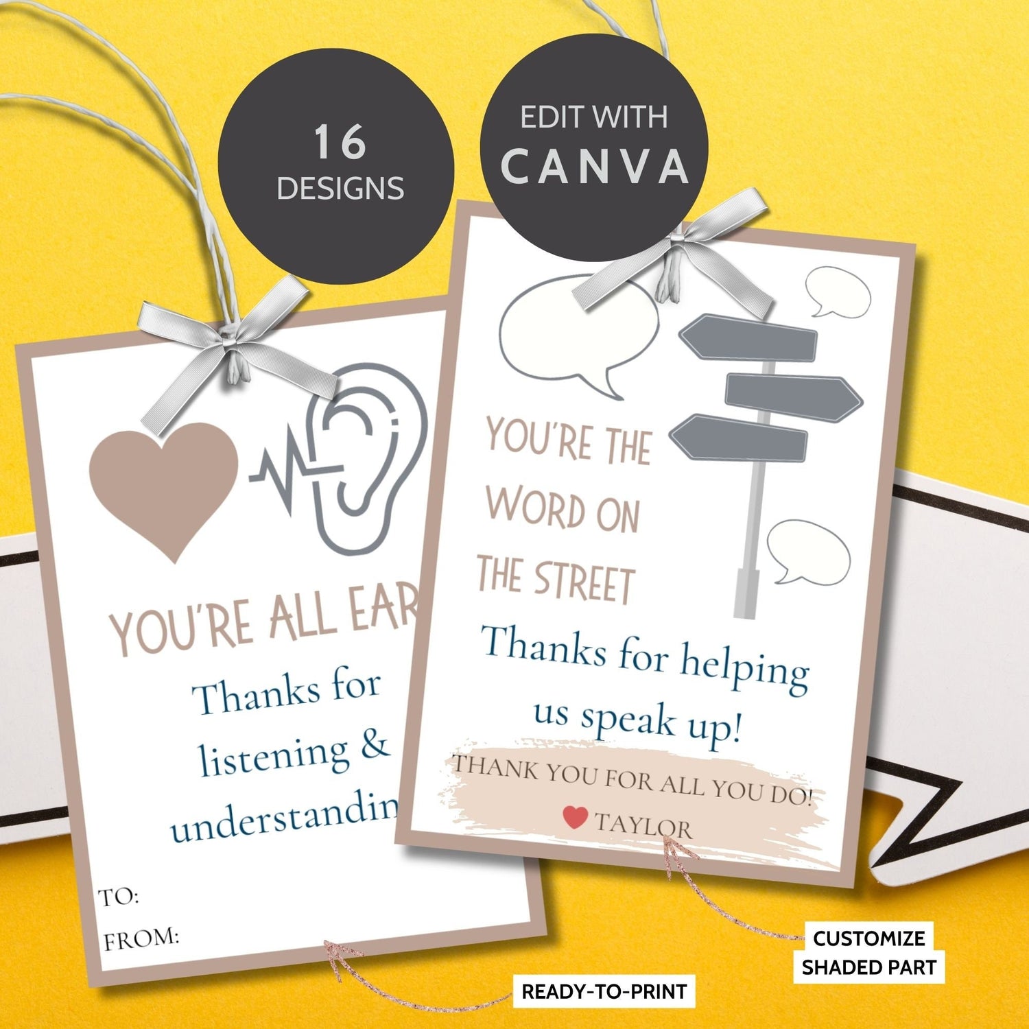 Speech pathologist appreciation gift tags featuring witty puns like Youre the accent to our success and For making speech phon-omenal. Buyers receive two PDF files: a ready-to-print set and an editable Canva template for personalization.