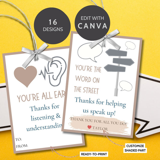 Speech pathologist appreciation gift tags featuring witty puns like Youre the accent to our success and For making speech phon-omenal. Buyers receive two PDF files: a ready-to-print set and an editable Canva template for personalization.