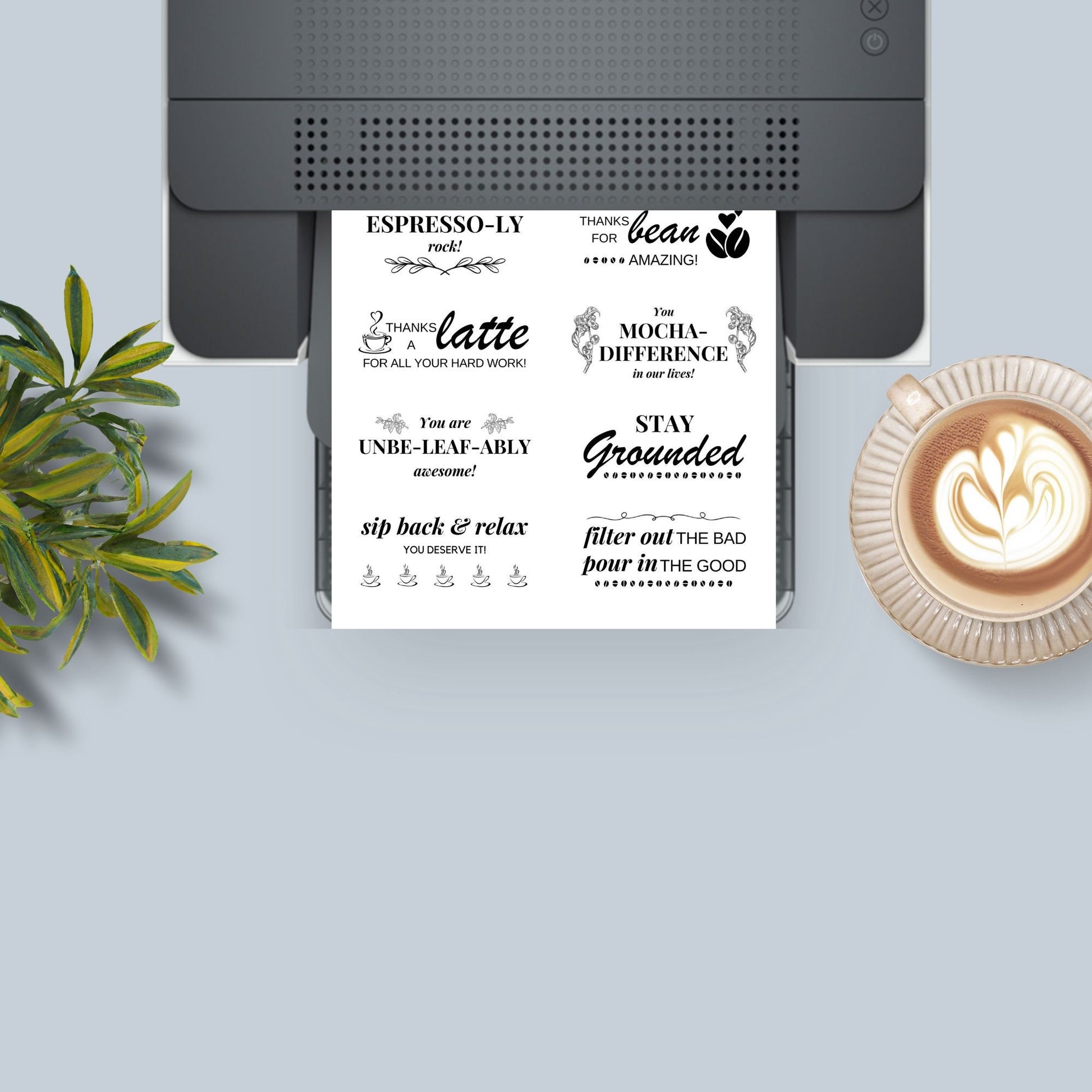 A set of 20 coffee-themed appreciation stickers with playful puns, in black and white, sized 2x4 inches for Avery 5163 or ULINE S-19321 template, ideal for various professionals.