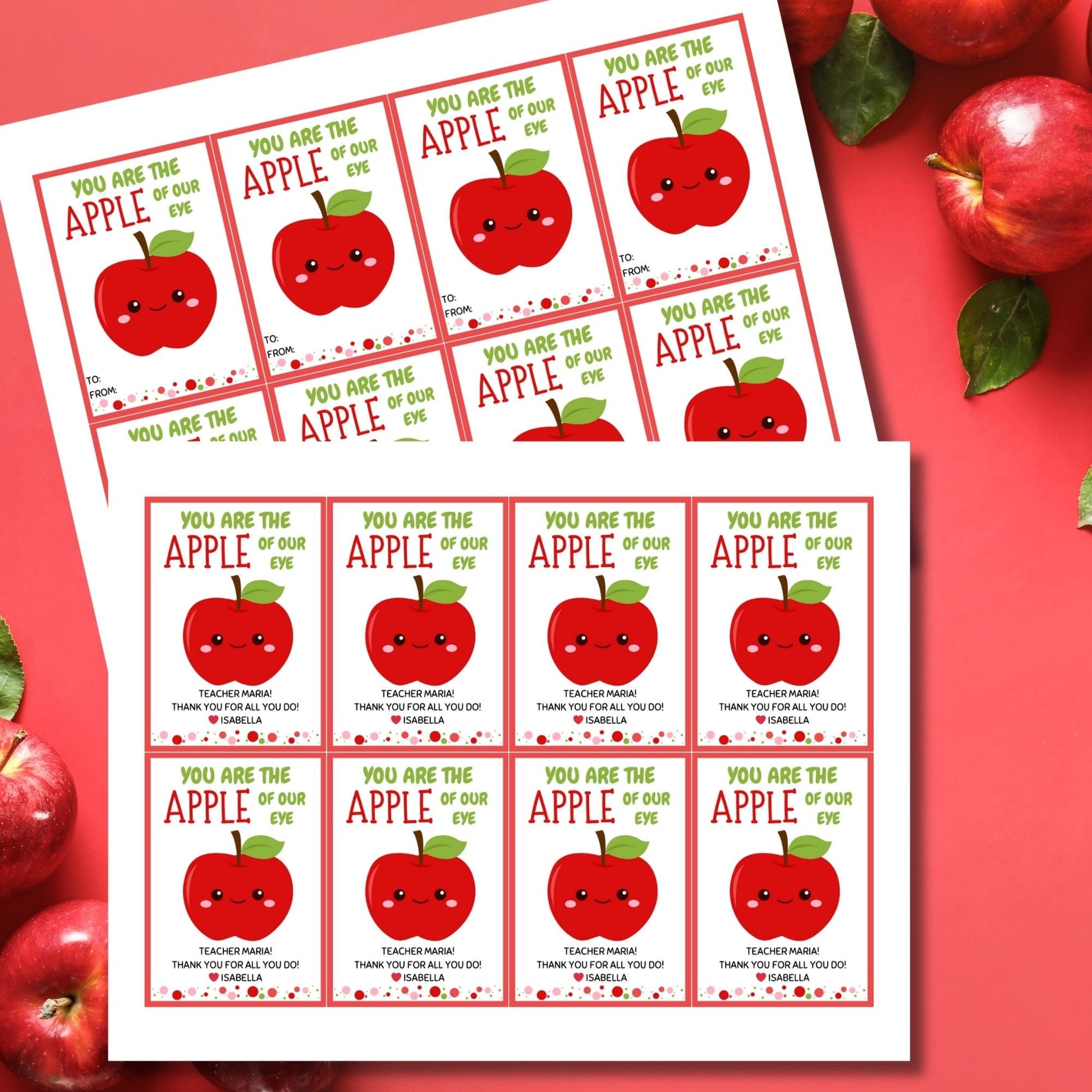 Printable red apple gift tags with You are the Apple of Our Eye phrase, space for teacher name, from student, ready for customization