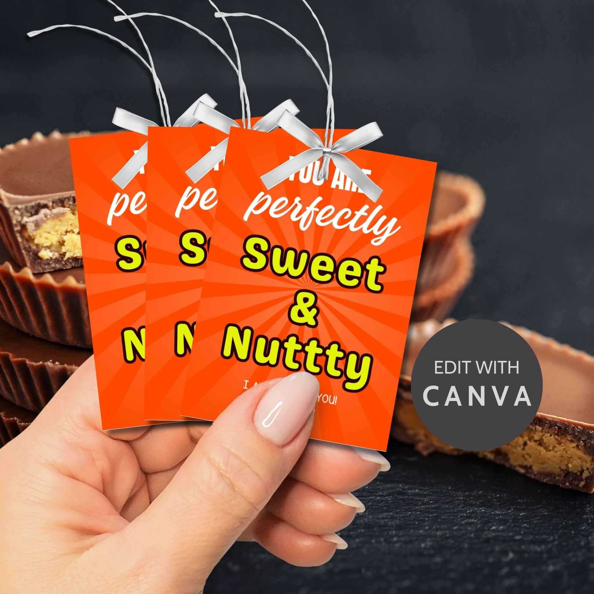 Vibrant orange gift tags with You are perfectly Sweet & Nutty text, editable for personalization, ideal for pairing with chocolate treats.