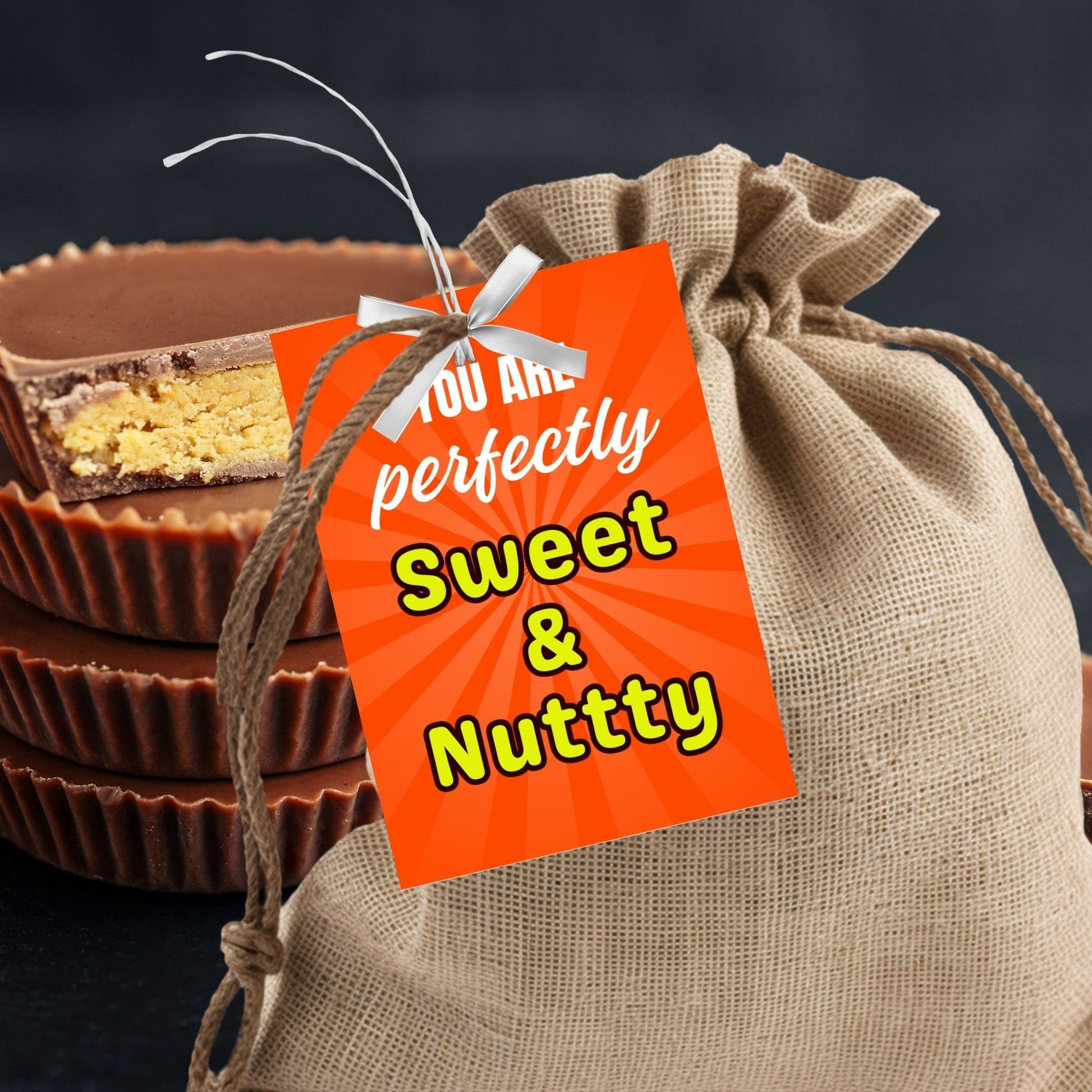 Vibrant orange gift tags with You are perfectly Sweet & Nutty text, editable for personalization, ideal for pairing with chocolate treats.