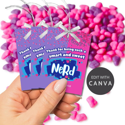 Vibrant pink Smart & Sweet Appreciation gift tags with space for custom names, ready for printing, great for gifting with colorful treats.