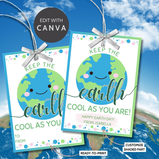 A set of eight colorful gift tags with a smiling Earth, text Kepp the earth cool as you are! Happy Earth Day! From, Isabella and decorative dots.