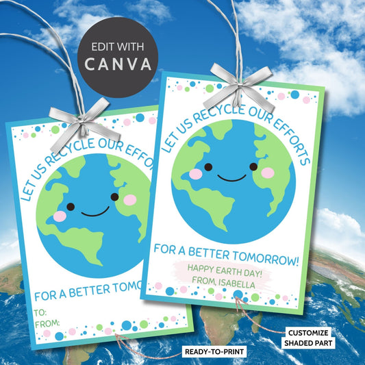 A set of eight colorful gift tags with a smiling Earth, text Let us recycle our efforts! Happy Earth Day! From, Isabella and decorative dots.