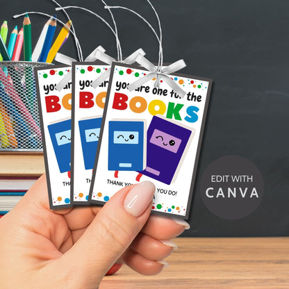 Colorful You are one for the Books printable gift tags with adorable book characters, editable name section, for teachers and staff.