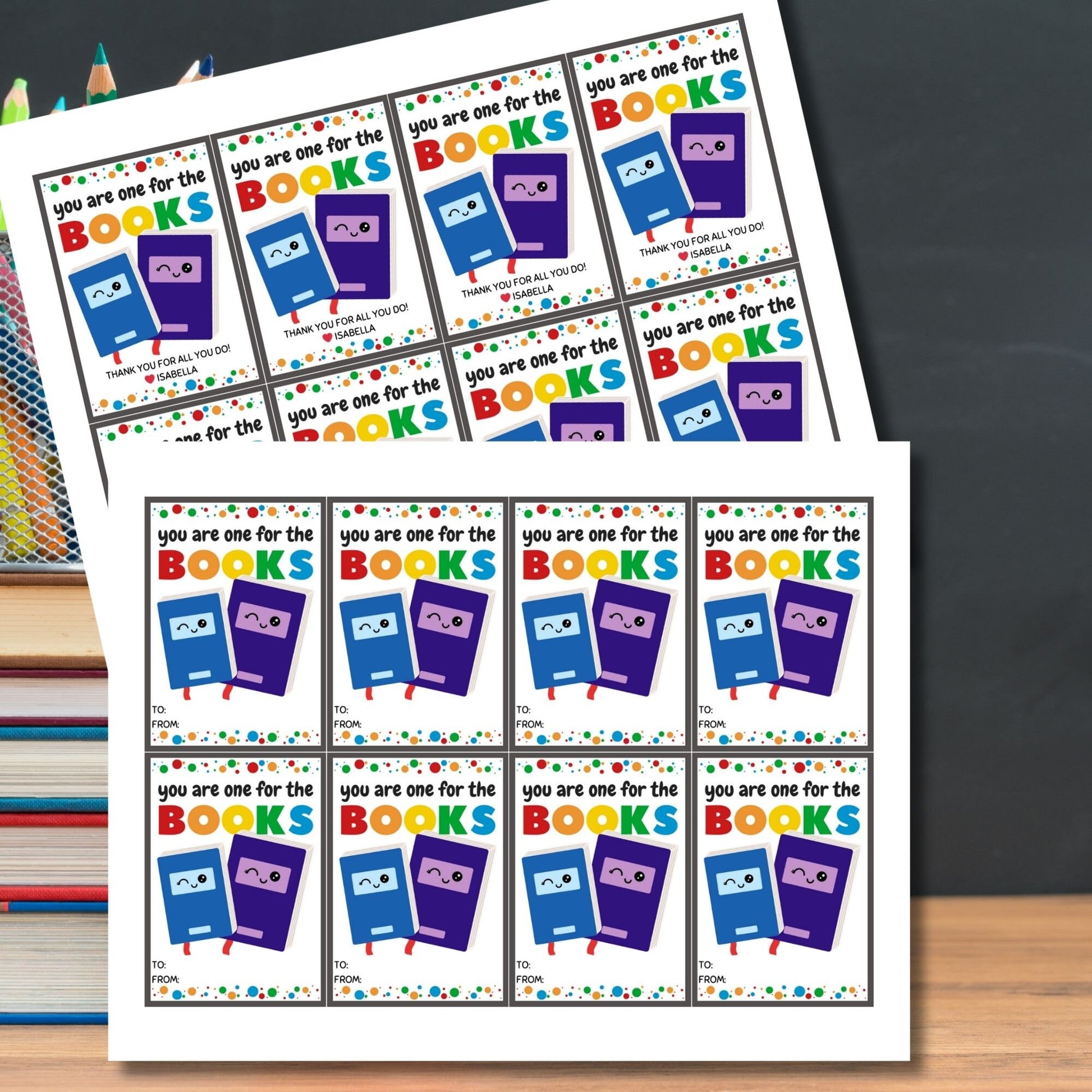 Colorful You are one for the Books printable gift tags with adorable book characters, editable name section, for teachers and staff.