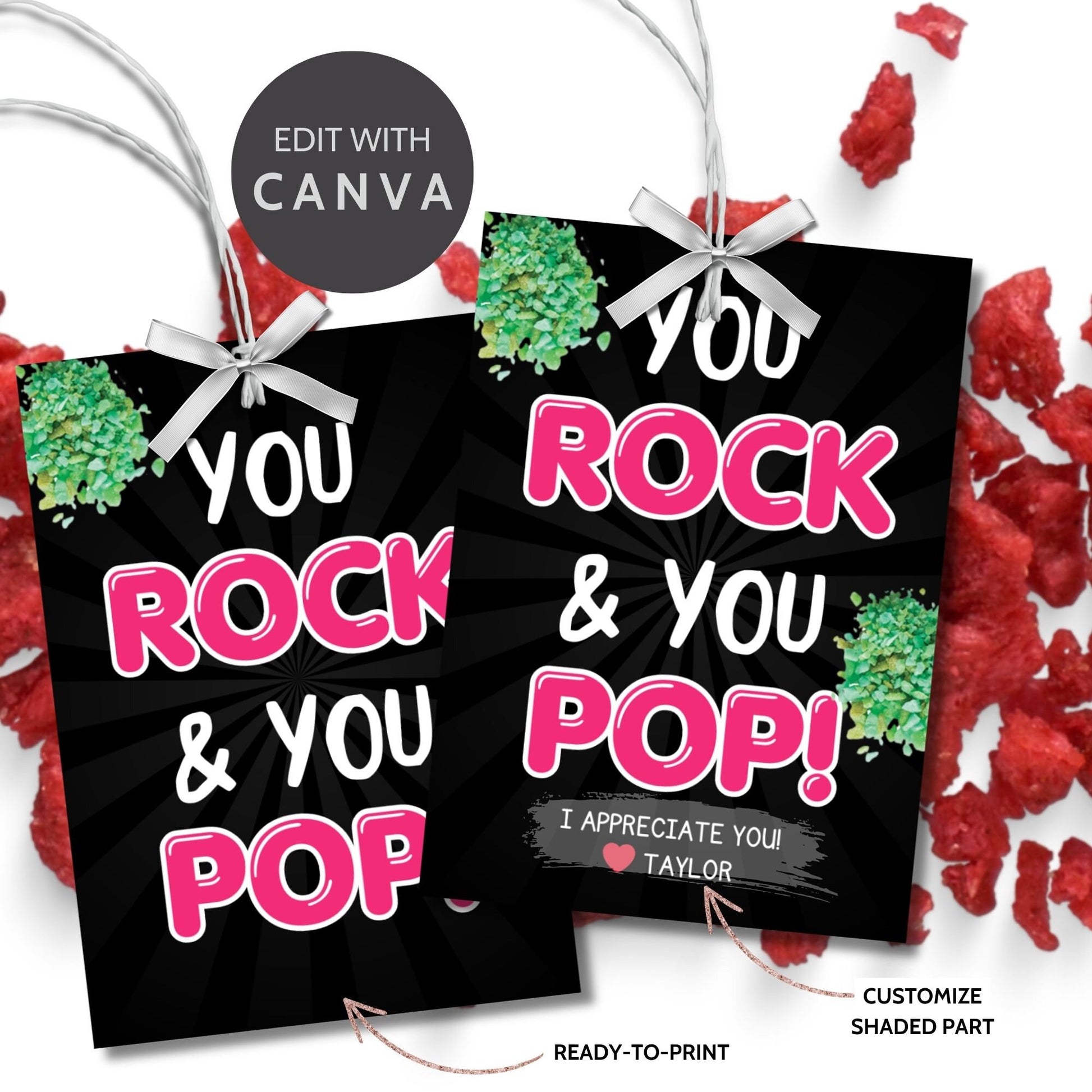 Image featuring YOU ROCK & YOU POP! Tags express gratitude with customizable names. Perfect for appreciation gifts to teachers, staff, nurses, and more.