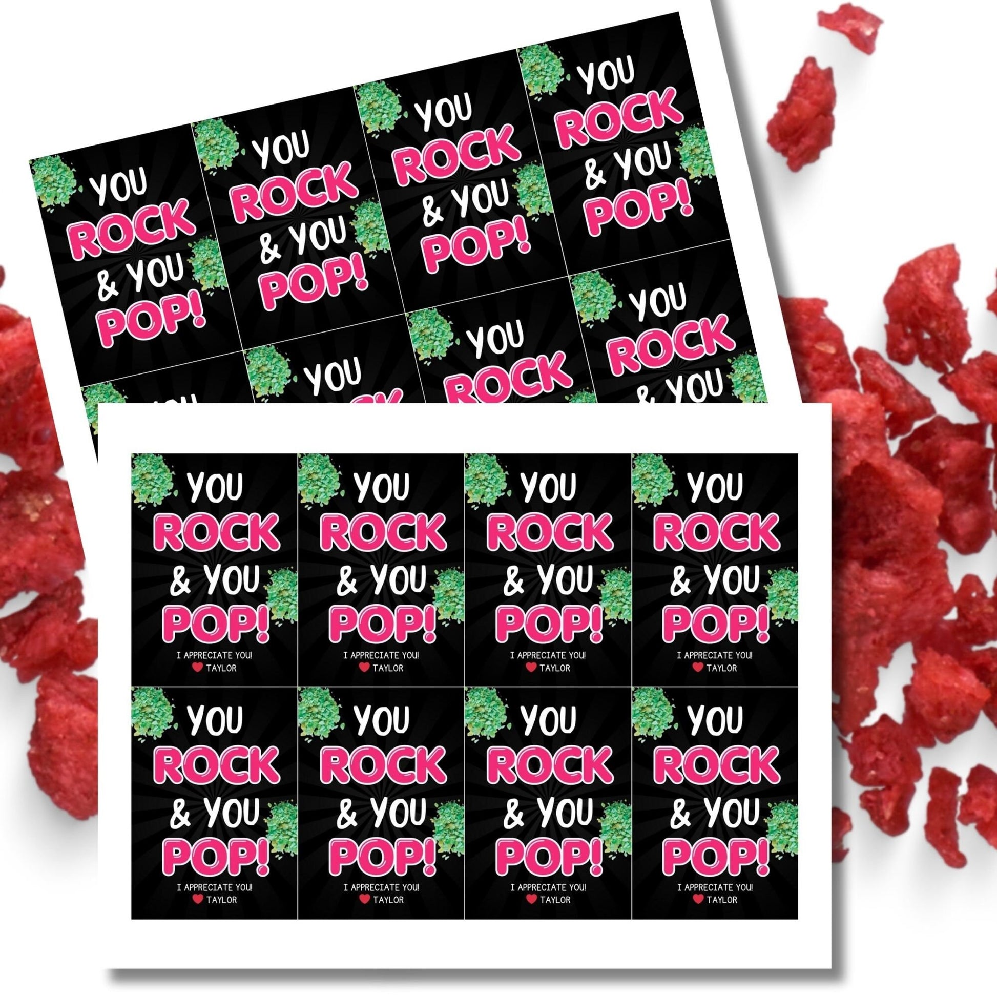 Image featuring YOU ROCK & YOU POP! Tags express gratitude with customizable names. Perfect for appreciation gifts to teachers, staff, nurses, and more.