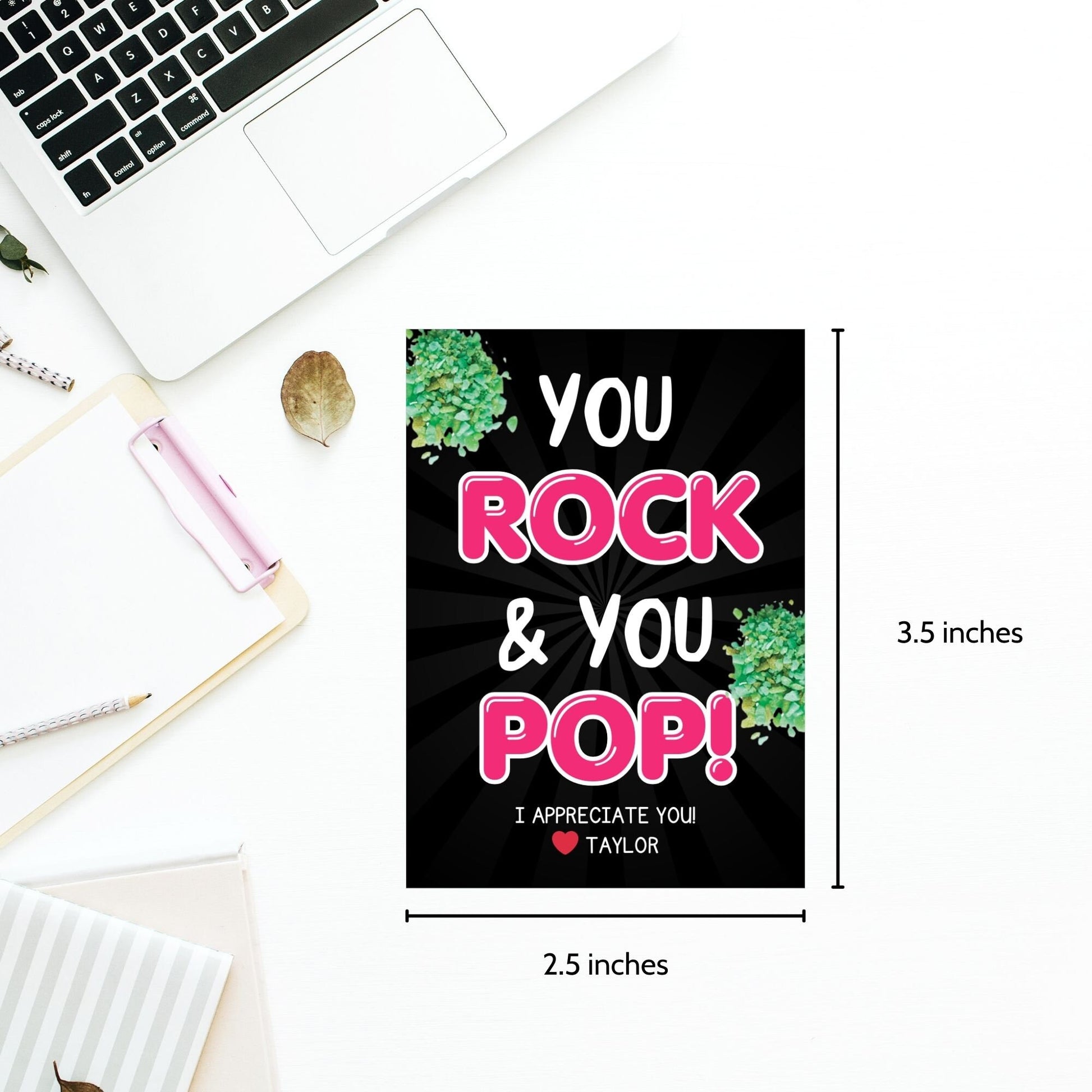 Image featuring YOU ROCK & YOU POP! Tags express gratitude with customizable names. Perfect for appreciation gifts to teachers, staff, nurses, and more.